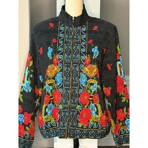 Pleat Pleat by Rafael Micro Pleated Front Zip Jacket Black/Floral Print Sz L